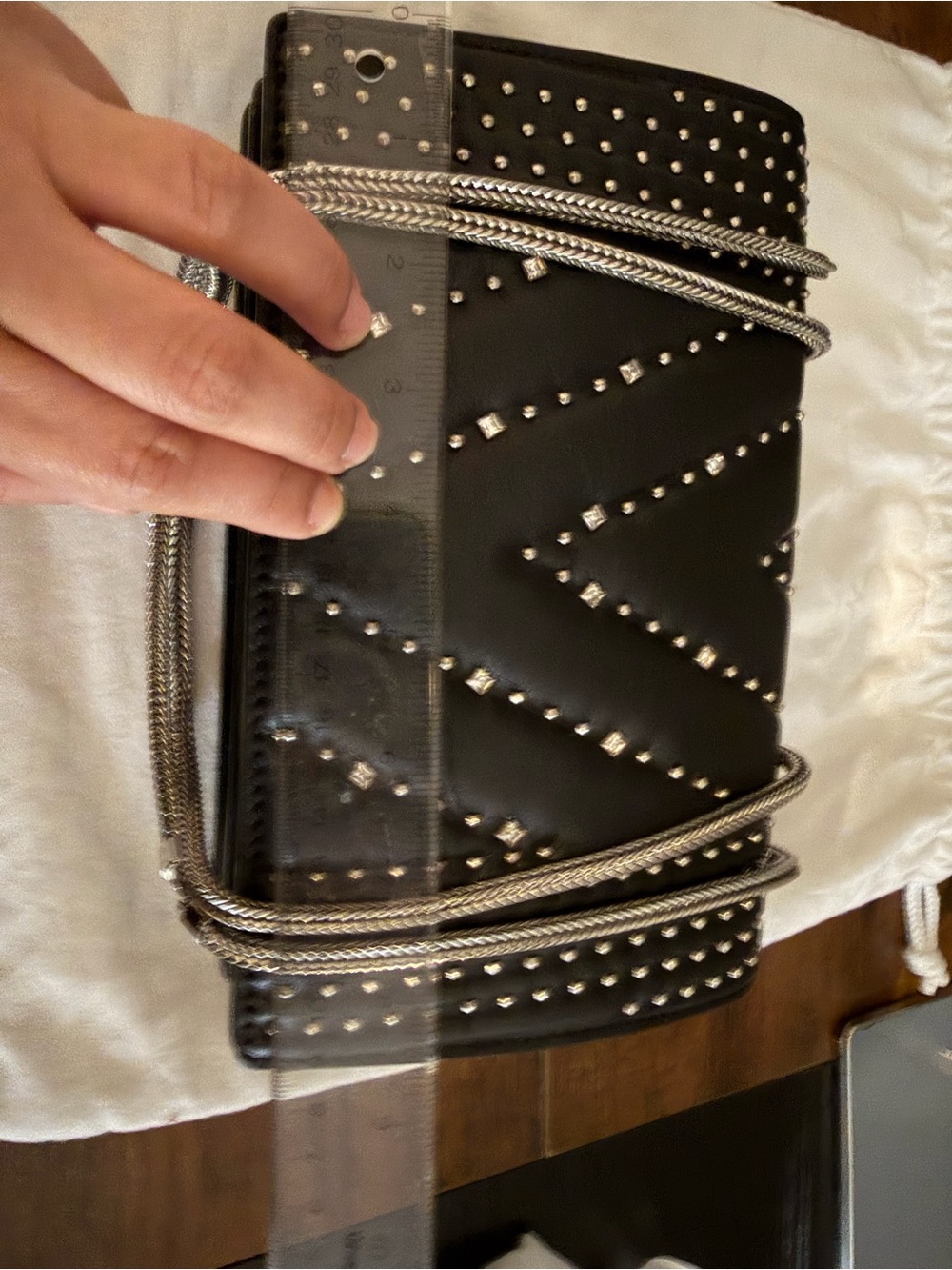 MCM Black Leather Studded with Swarovski Crystals Crossbody with Silver Chain - Picture 16 of 16